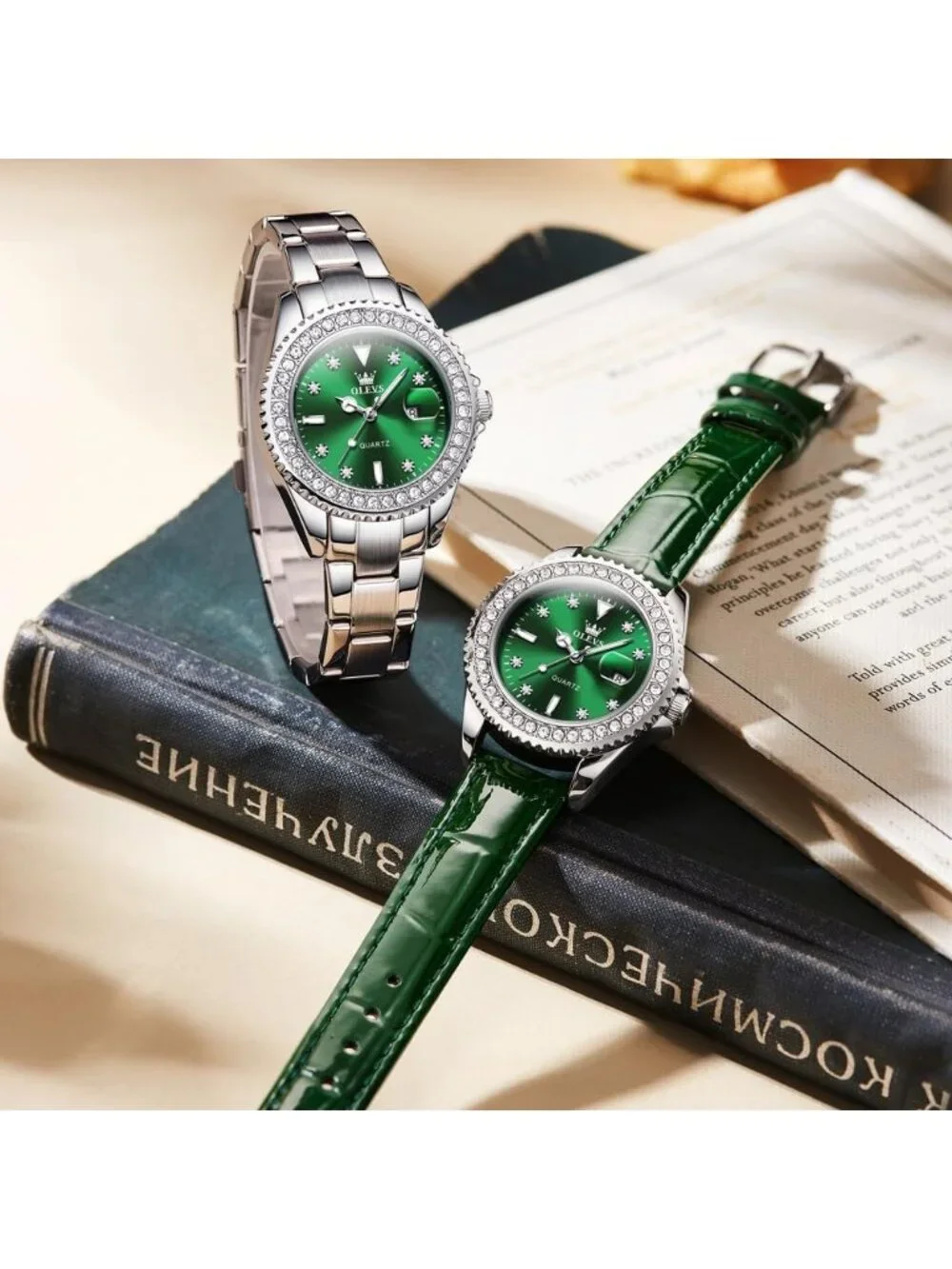 Women's Green Luxury Diamond with Date Analog Quartz Waterproof Wrist Watch